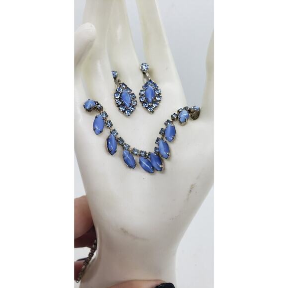 Vintage Blue Necklace Choker Earrings Set Givre Glass Moonstone Rhinestone 1950s - Picture 3 of 12
